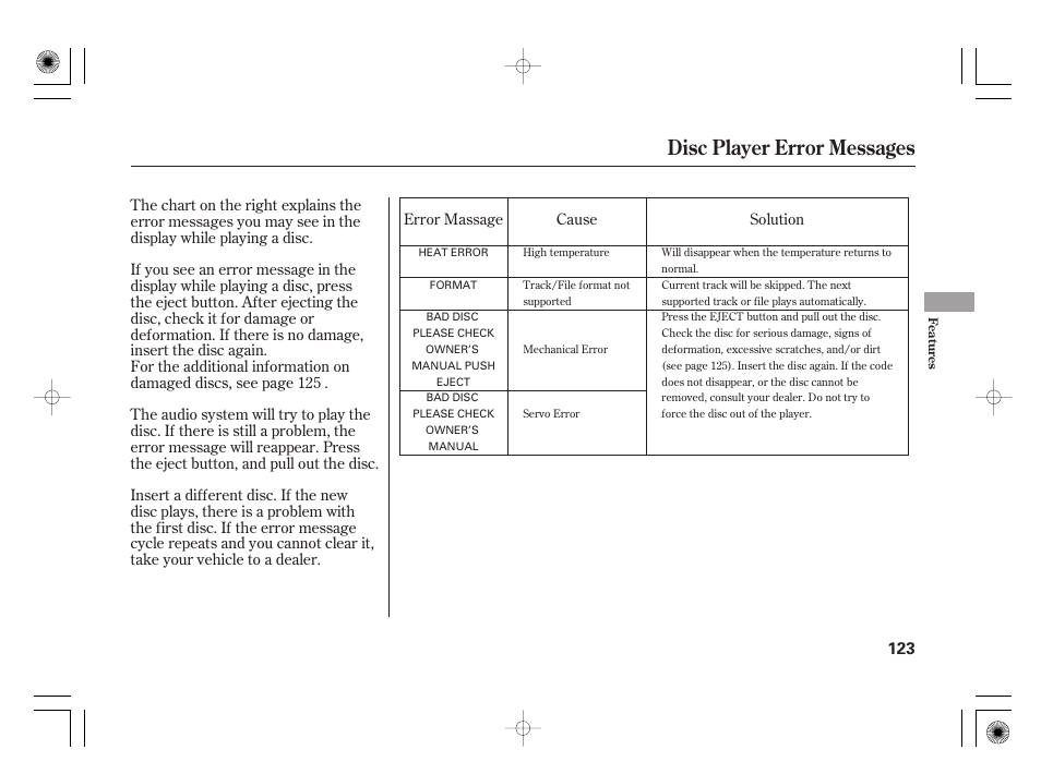 Disc player error messages | HONDA 31SAA610 User Manual | Page 129 / 282