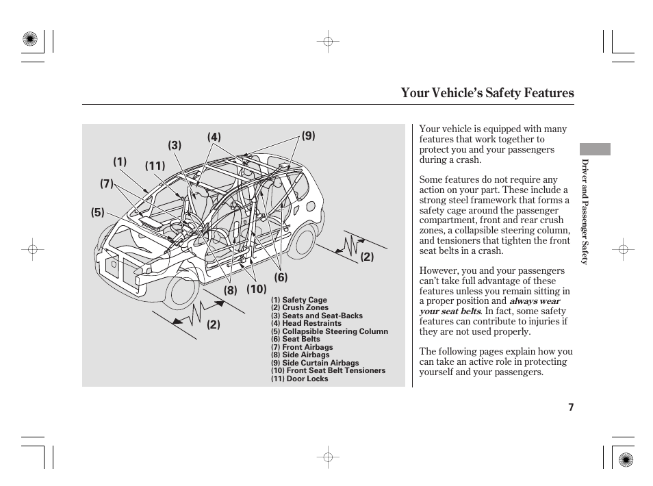 Your vehicle’s safety features | HONDA 31SAA610 User Manual | Page 13 / 282