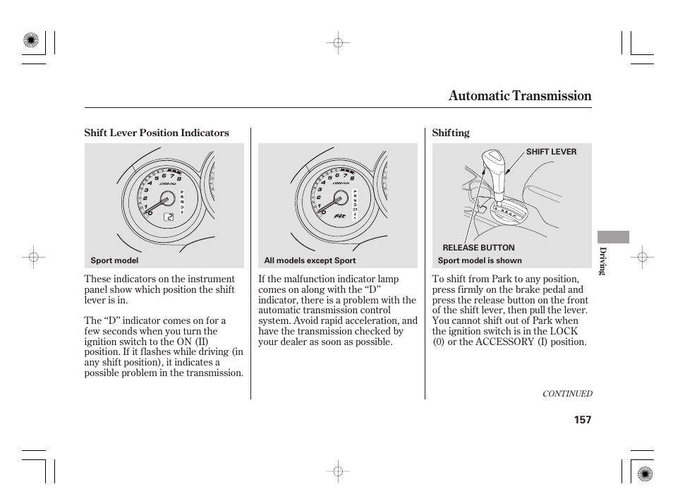 Automatic transmission | HONDA 31SAA610 User Manual | Page 163 / 282