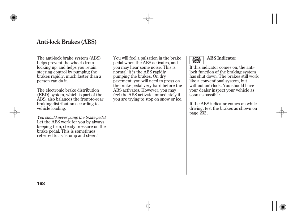 Anti-lock brakes (abs) | HONDA 31SAA610 User Manual | Page 174 / 282