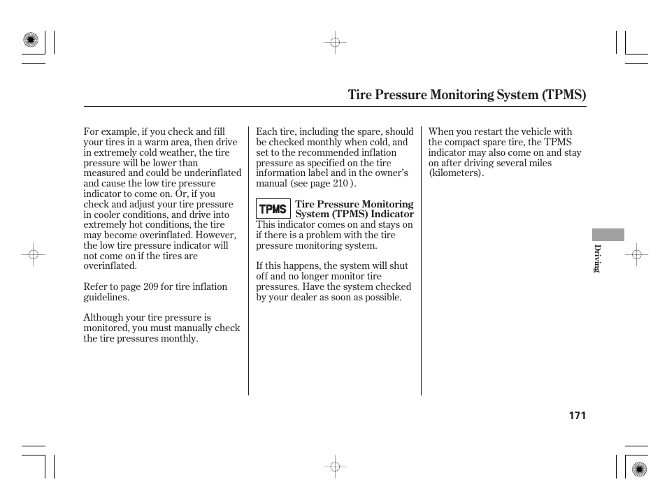 Tire pressure monitoring system (tpms) | HONDA 31SAA610 User Manual | Page 177 / 282