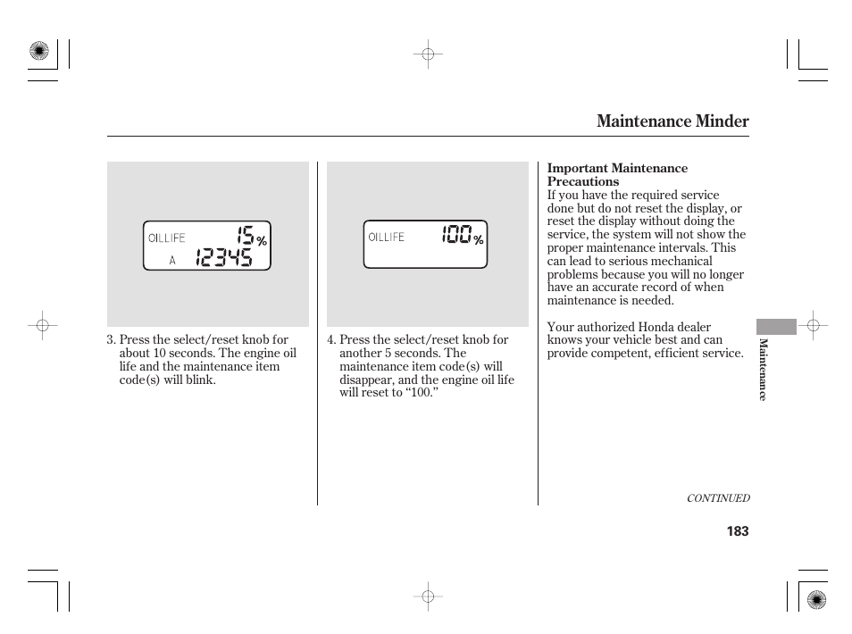 Maintenance minder | HONDA 31SAA610 User Manual | Page 189 / 282