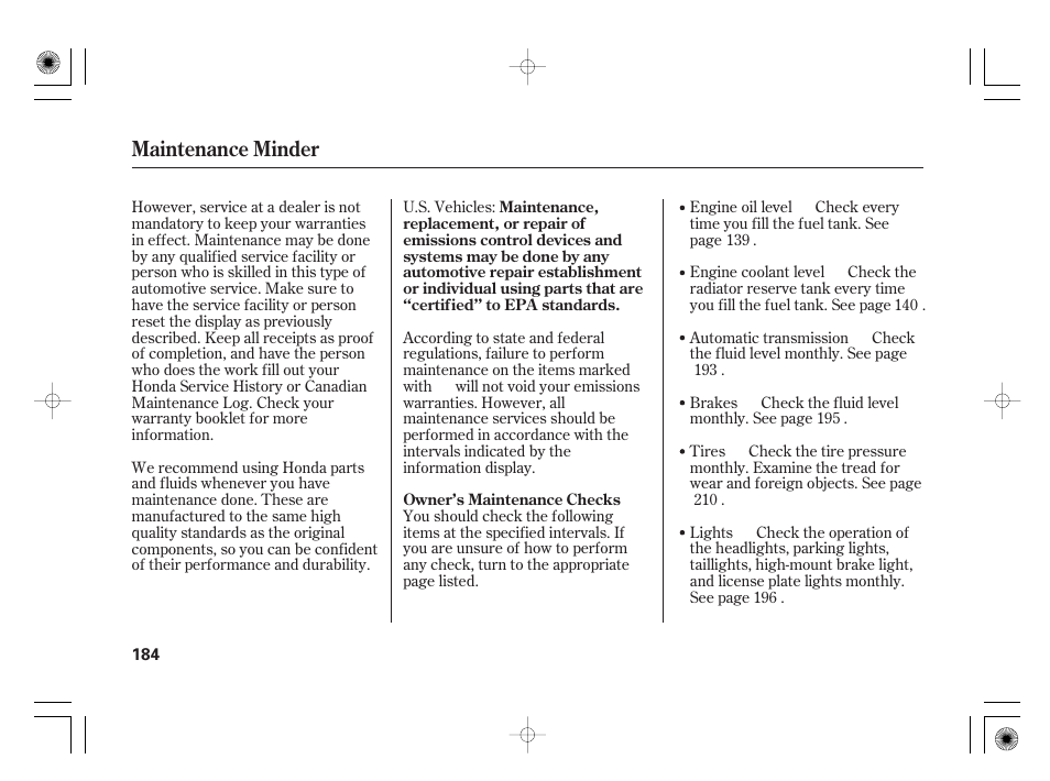 Maintenance minder | HONDA 31SAA610 User Manual | Page 190 / 282