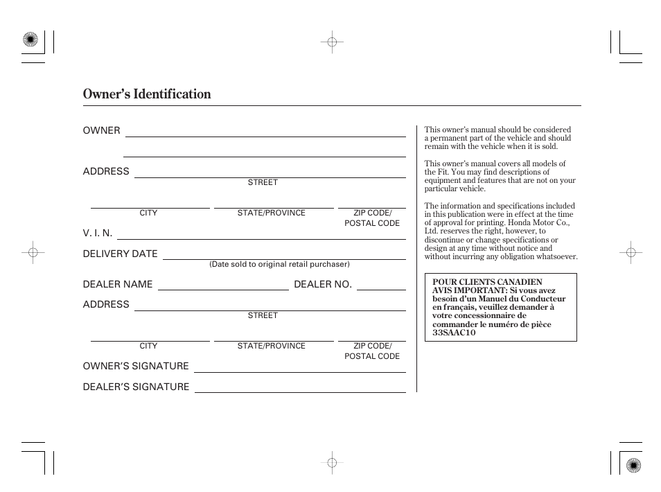Owner’s identification | HONDA 31SAA610 User Manual | Page 2 / 282