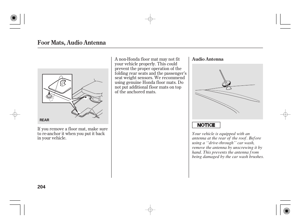 Foor mats, audio antenna | HONDA 31SAA610 User Manual | Page 210 / 282