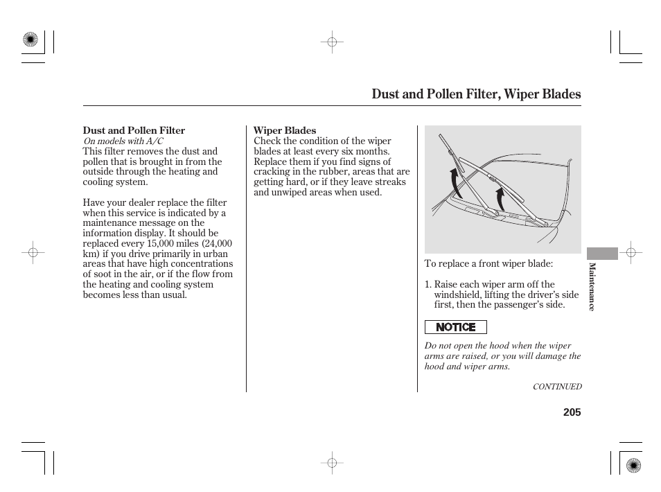 Dust and pollen filter, wiper blades | HONDA 31SAA610 User Manual | Page 211 / 282