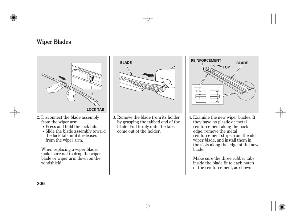 Wiper blades | HONDA 31SAA610 User Manual | Page 212 / 282