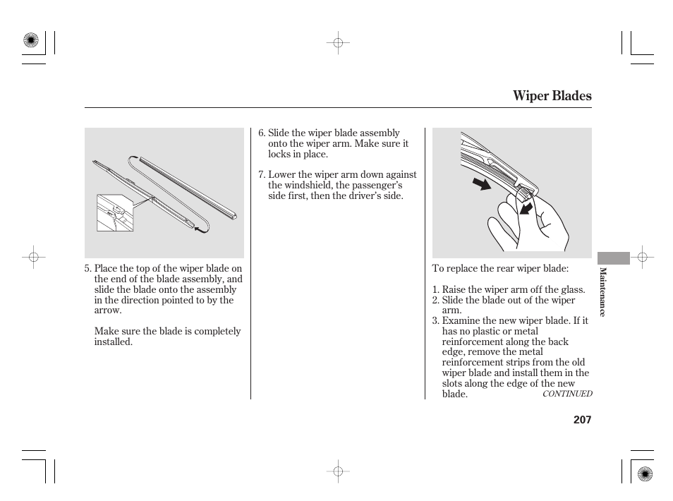 Wiper blades | HONDA 31SAA610 User Manual | Page 213 / 282