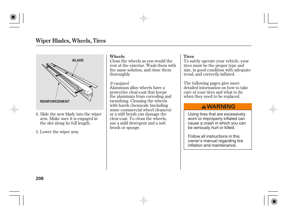 Wiper blades, wheels, tires | HONDA 31SAA610 User Manual | Page 214 / 282