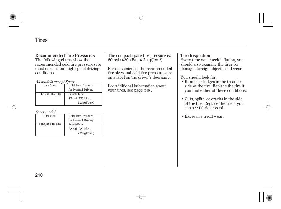 Tires | HONDA 31SAA610 User Manual | Page 216 / 282