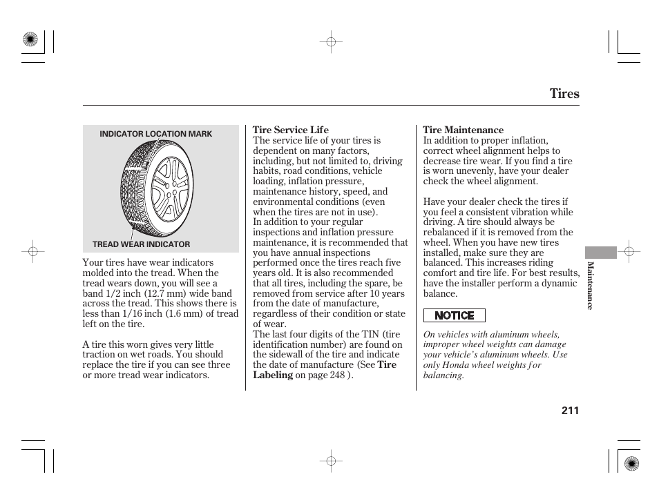 Tires | HONDA 31SAA610 User Manual | Page 217 / 282