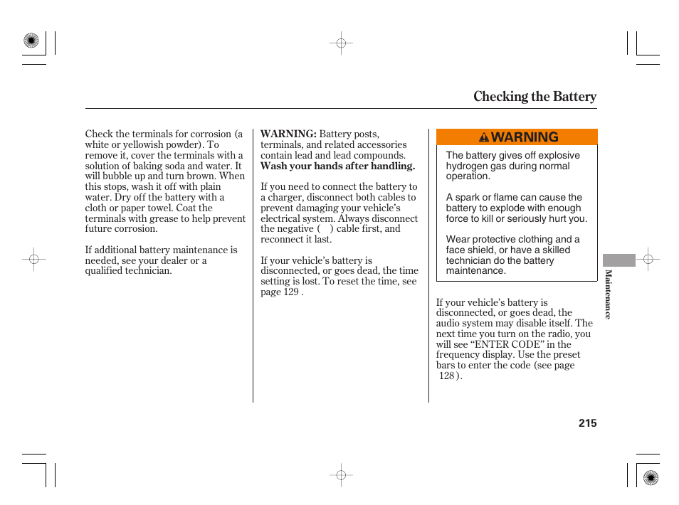 Checking the battery | HONDA 31SAA610 User Manual | Page 221 / 282