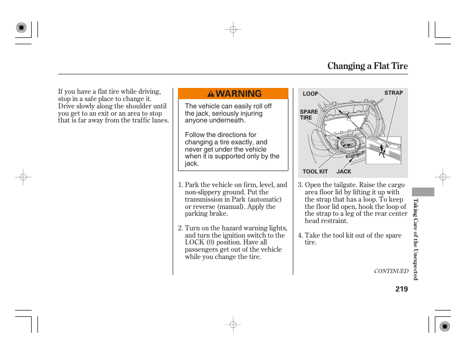 Changing a flat tire | HONDA 31SAA610 User Manual | Page 225 / 282