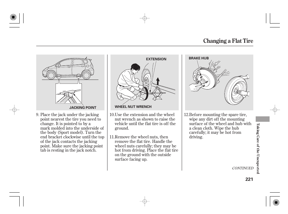 Changing a flat tire | HONDA 31SAA610 User Manual | Page 227 / 282