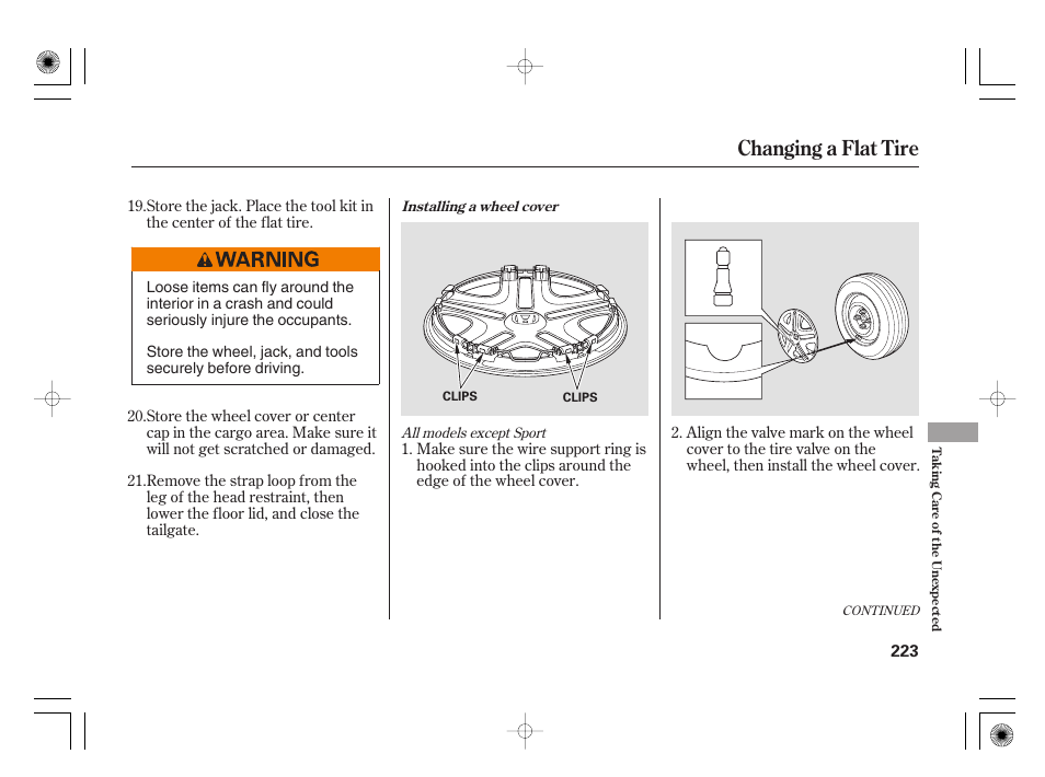 Changing a flat tire | HONDA 31SAA610 User Manual | Page 229 / 282