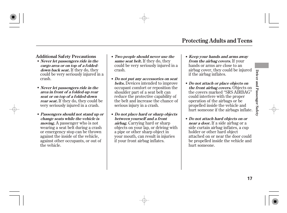 Protecting adults and teens | HONDA 31SAA610 User Manual | Page 23 / 282