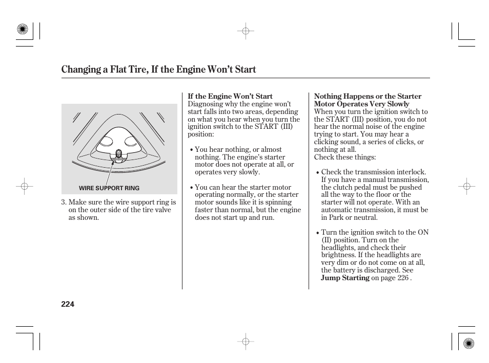 Changing a flat tire, if the engine won’t start | HONDA 31SAA610 User Manual | Page 230 / 282