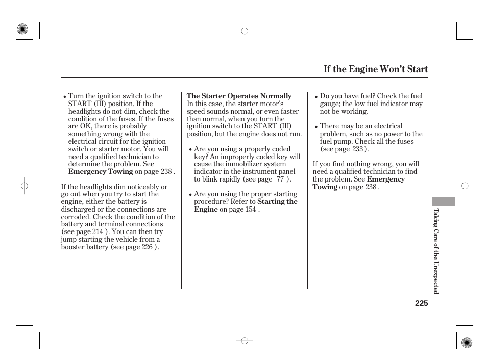 If the engine won’t start | HONDA 31SAA610 User Manual | Page 231 / 282