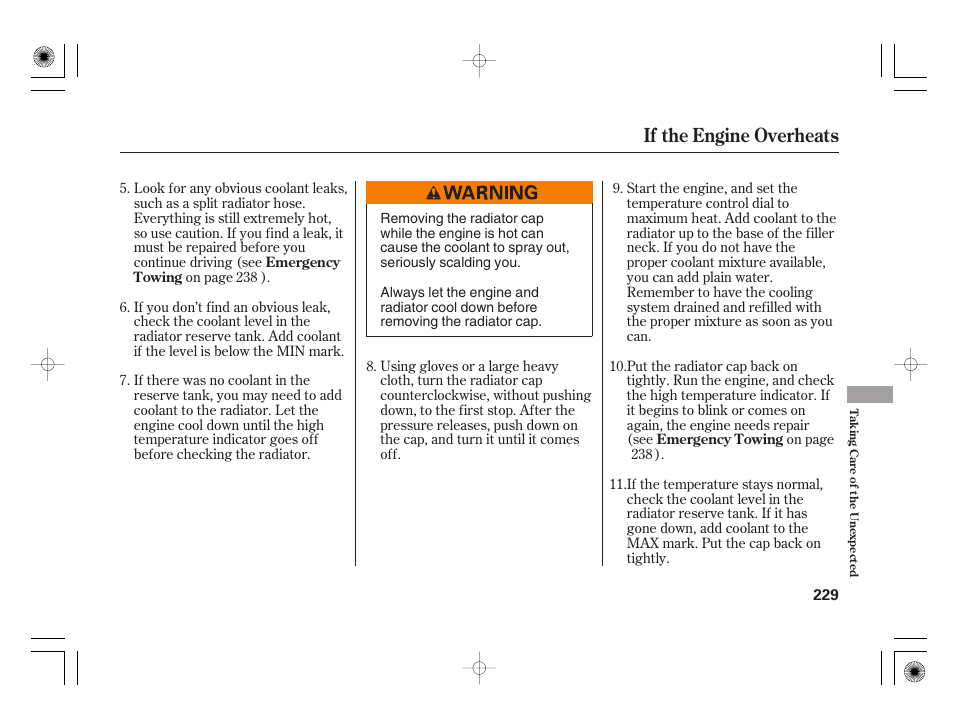 If the engine overheats | HONDA 31SAA610 User Manual | Page 235 / 282