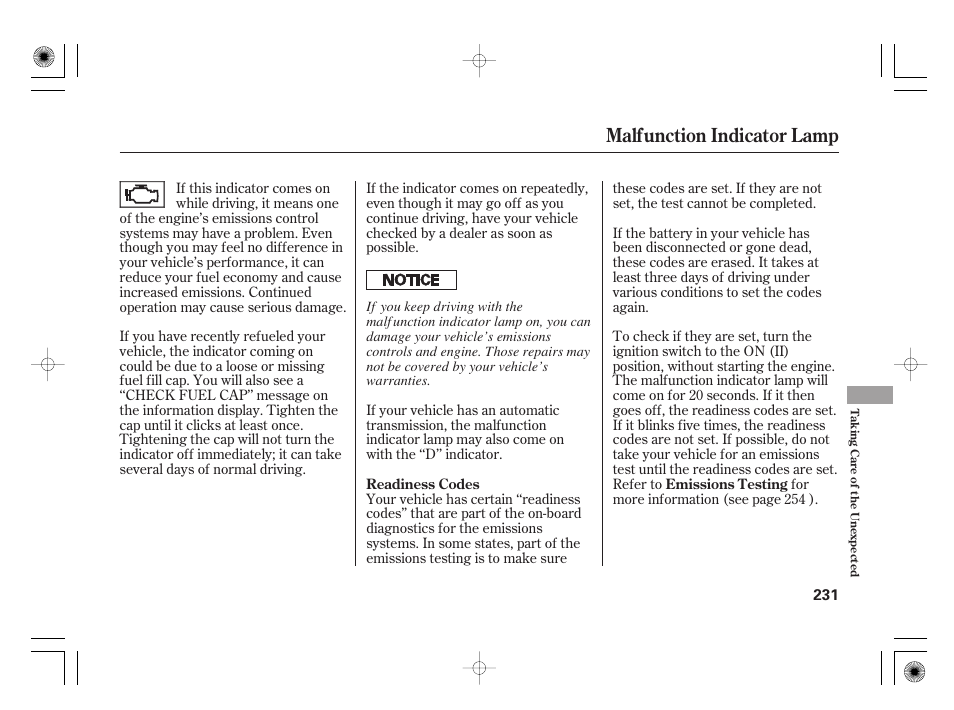 Malfunction indicator lamp | HONDA 31SAA610 User Manual | Page 237 / 282