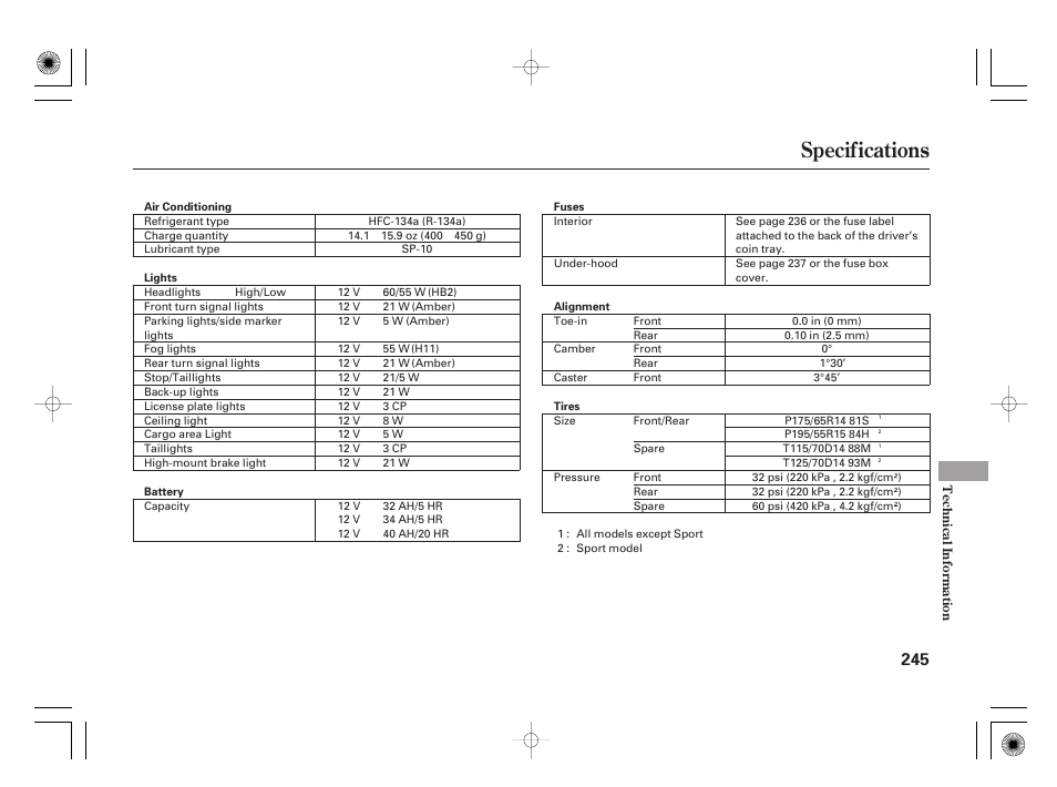 Specifications | HONDA 31SAA610 User Manual | Page 251 / 282