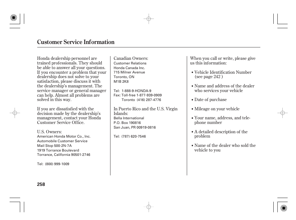 Customer service information | HONDA 31SAA610 User Manual | Page 264 / 282