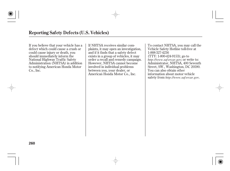 Reporting safety defects (u.s. vehicles) | HONDA 31SAA610 User Manual | Page 266 / 282