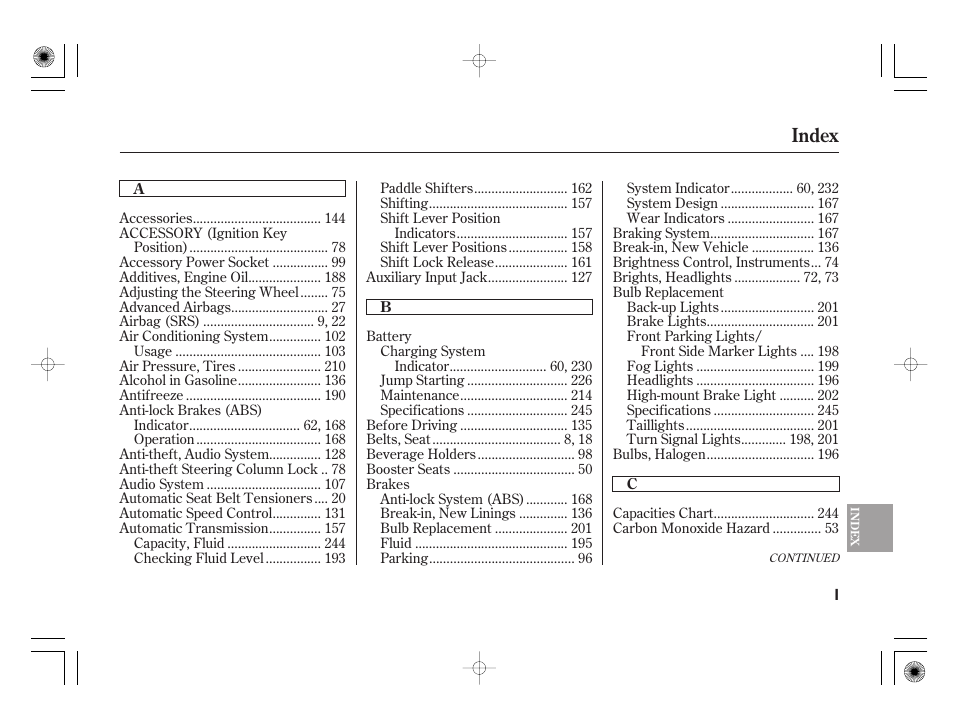 Index | HONDA 31SAA610 User Manual | Page 269 / 282