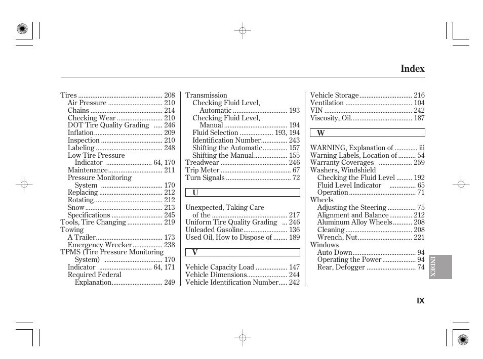 Index | HONDA 31SAA610 User Manual | Page 277 / 282