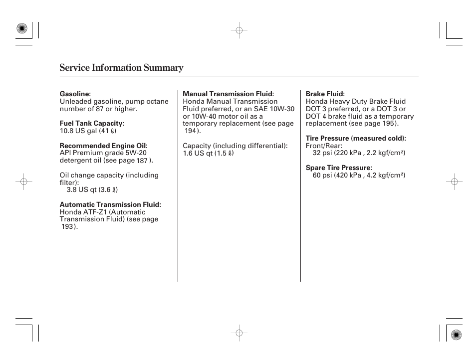 Service information summary | HONDA 31SAA610 User Manual | Page 282 / 282