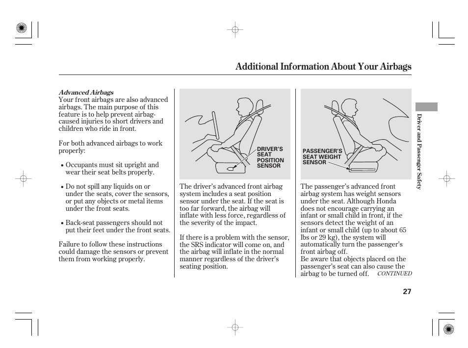 Additional information about your airbags | HONDA 31SAA610 User Manual | Page 33 / 282