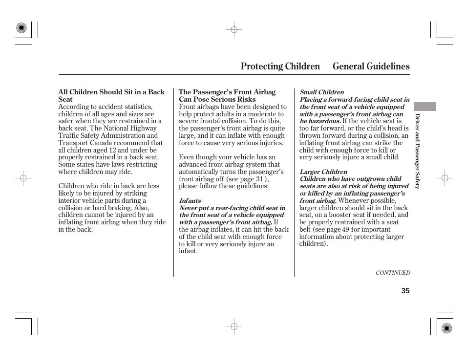 Protecting children general guidelines | HONDA 31SAA610 User Manual | Page 41 / 282