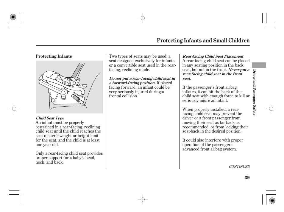 Protecting infants and small children | HONDA 31SAA610 User Manual | Page 45 / 282