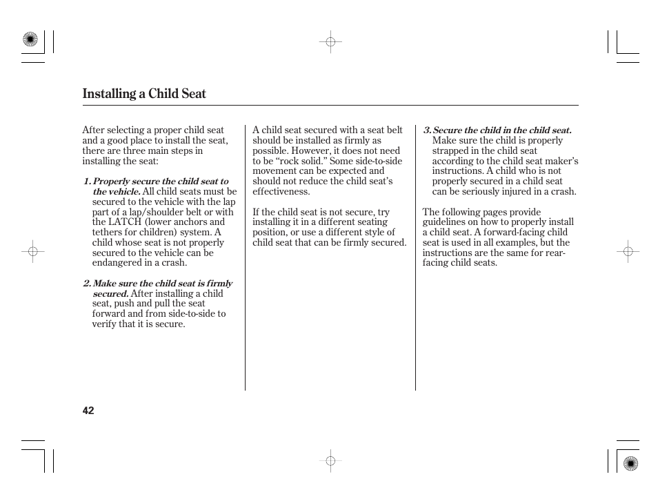 Installing a child seat | HONDA 31SAA610 User Manual | Page 48 / 282