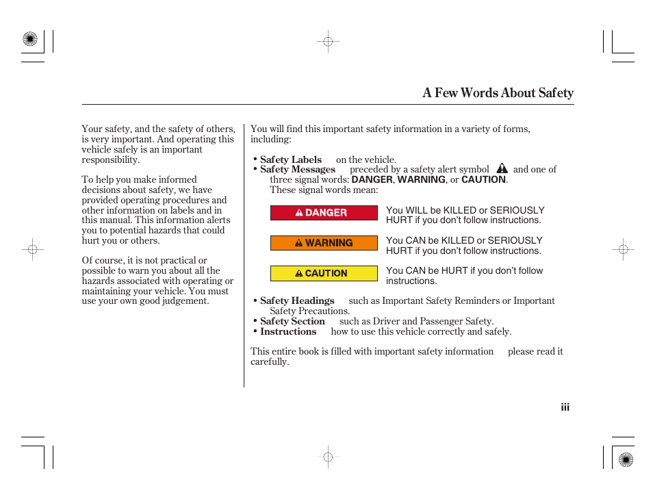 A few words about safety | HONDA 31SAA610 User Manual | Page 5 / 282