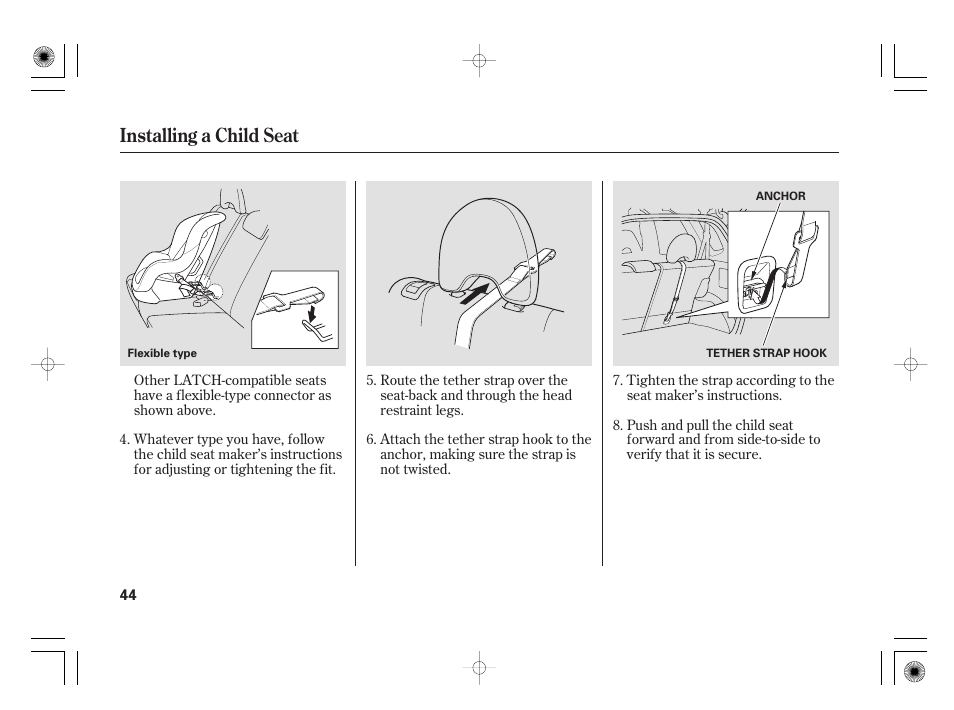 Installing a child seat | HONDA 31SAA610 User Manual | Page 50 / 282