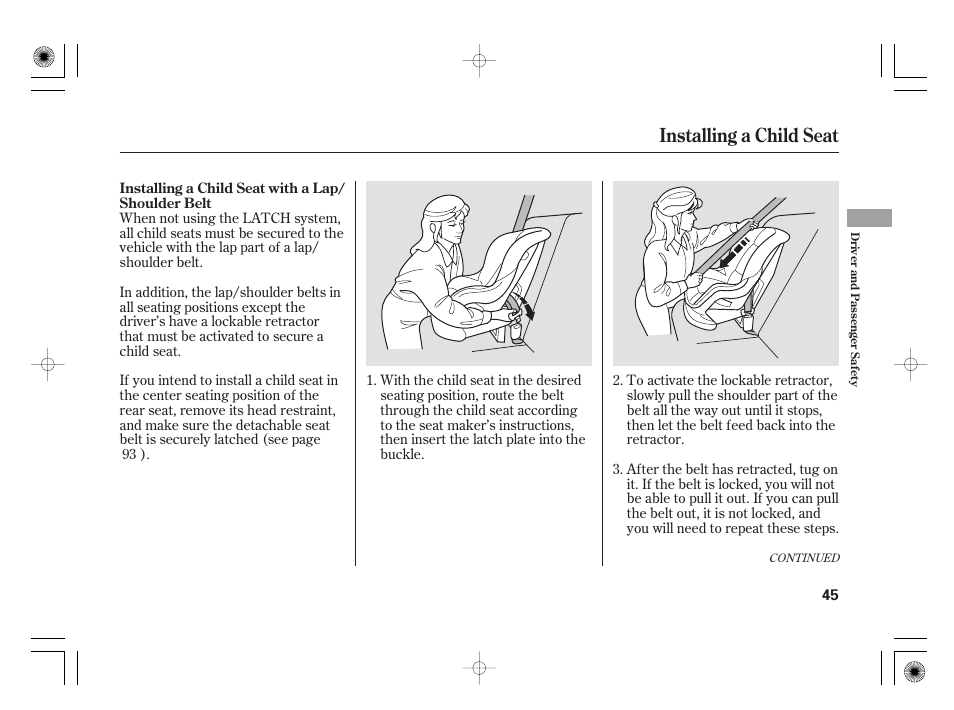 Installing a child seat | HONDA 31SAA610 User Manual | Page 51 / 282