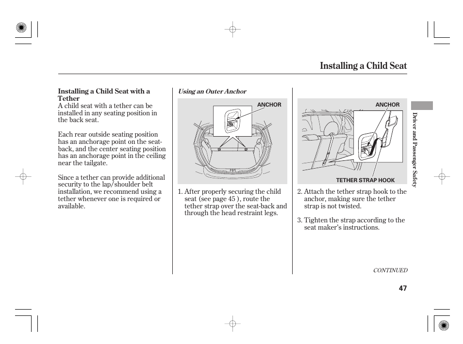 Installing a child seat | HONDA 31SAA610 User Manual | Page 53 / 282