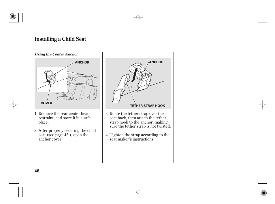 Installing a child seat | HONDA 31SAA610 User Manual | Page 54 / 282