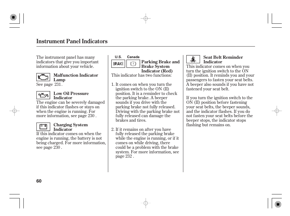 Instrument panel indicators | HONDA 31SAA610 User Manual | Page 66 / 282