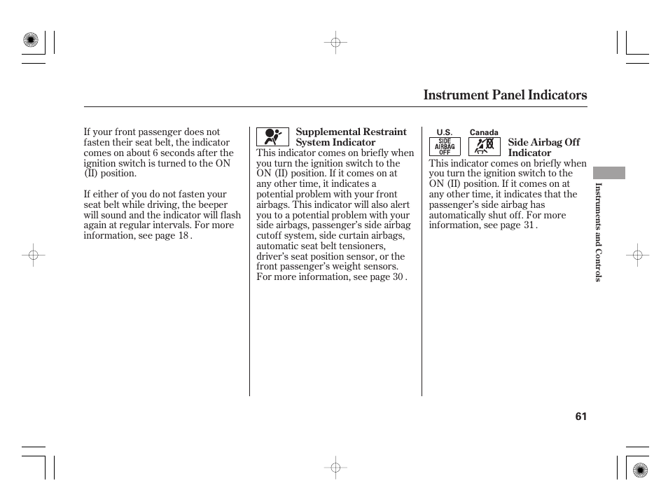 Instrument panel indicators | HONDA 31SAA610 User Manual | Page 67 / 282