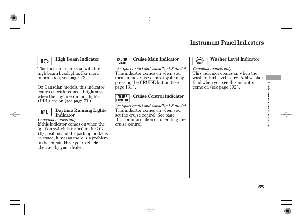 Instrument panel indicators | HONDA 31SAA610 User Manual | Page 71 / 282