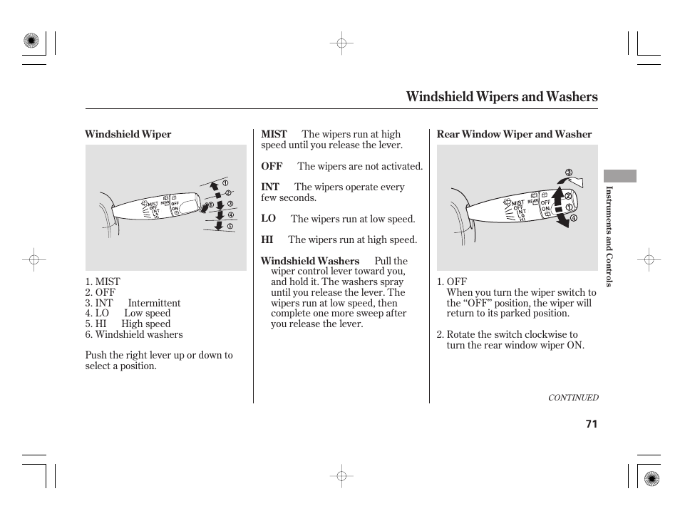 Windshield wipers and washers | HONDA 31SAA610 User Manual | Page 77 / 282