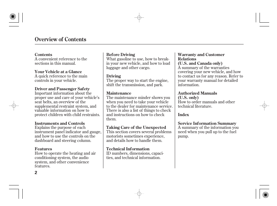 Overview of contents | HONDA 31SAA610 User Manual | Page 8 / 282