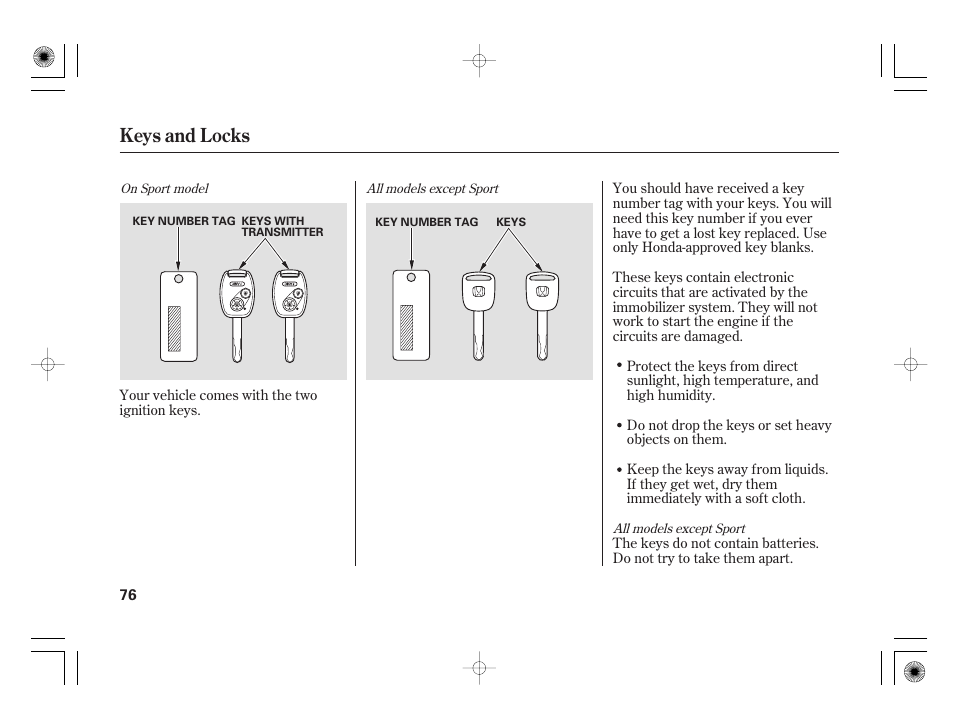 Keys and locks | HONDA 31SAA610 User Manual | Page 82 / 282