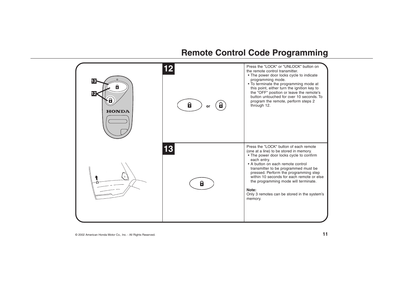 Remote control code programming 12 13 | HONDA 8E65-SCV-1000-81 User Manual | Page 11 / 13