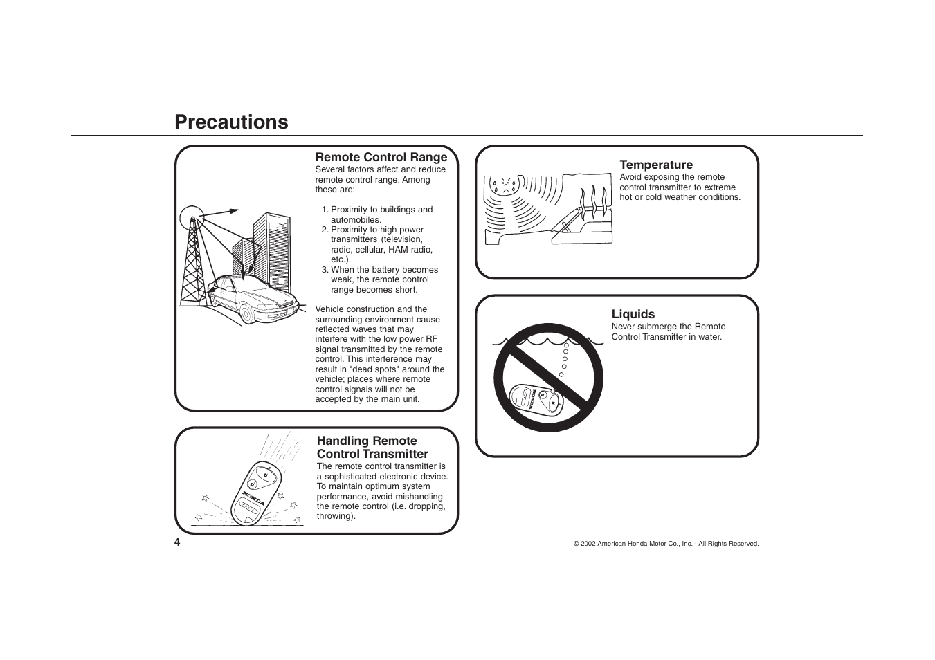Precautions | HONDA 8E65-SCV-1000-81 User Manual | Page 4 / 13