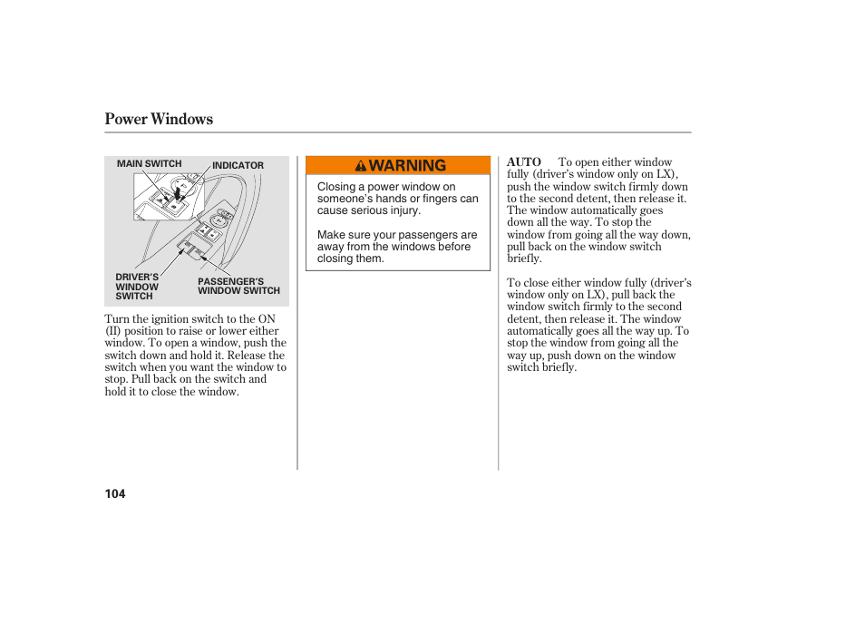 Power windows | HONDA 00X31-TE0-6000 User Manual | Page 110 / 414