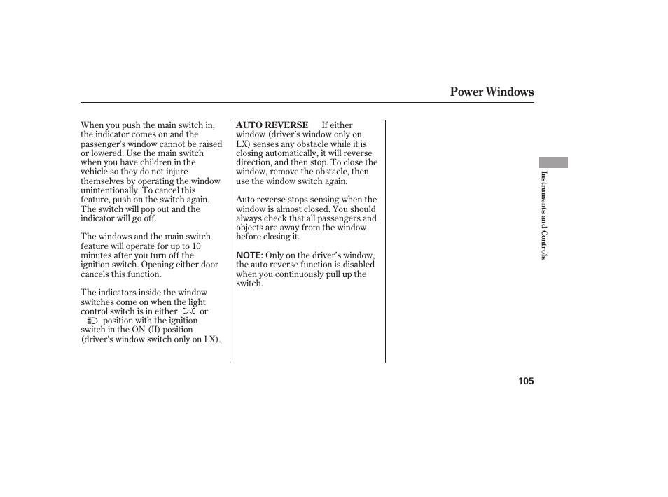 Power windows | HONDA 00X31-TE0-6000 User Manual | Page 111 / 414