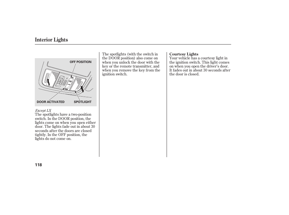 Interior lights | HONDA 00X31-TE0-6000 User Manual | Page 124 / 414